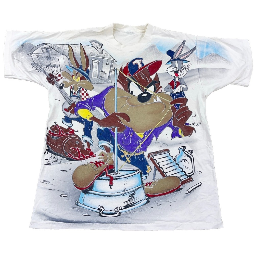 Vintage Looney Tunes Shirt Men Large White AOP All Over Taz Country Band Grunge